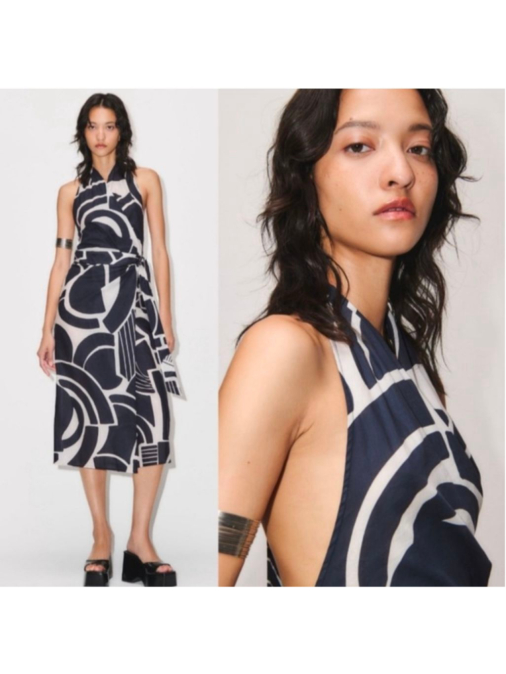Blogger Favorite ZARA The Nicole Printed Abstract Halter Neck Wrap Midi Dress M - Picture 4 of 11